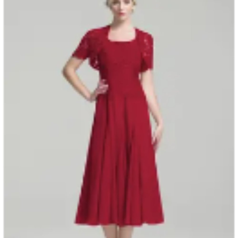 A-Line Square Neckline Tea-Length Chiffon Mother of the Bride Dress - size 14